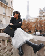 Load image into Gallery viewer, GANNI feather trimmed shirred lamé midi dress
