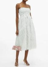 Load image into Gallery viewer, GANNI feather trimmed shirred lamé midi dress
